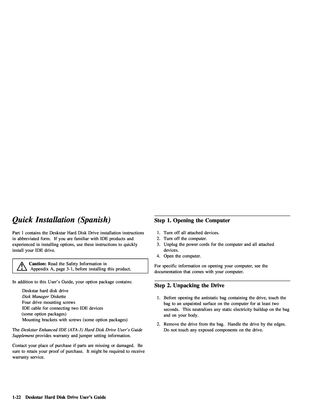 IBM ATA-3 manual Deskstar Hard Disk Drive User’s Guide, Spanish, Installation, Quick, Step 
