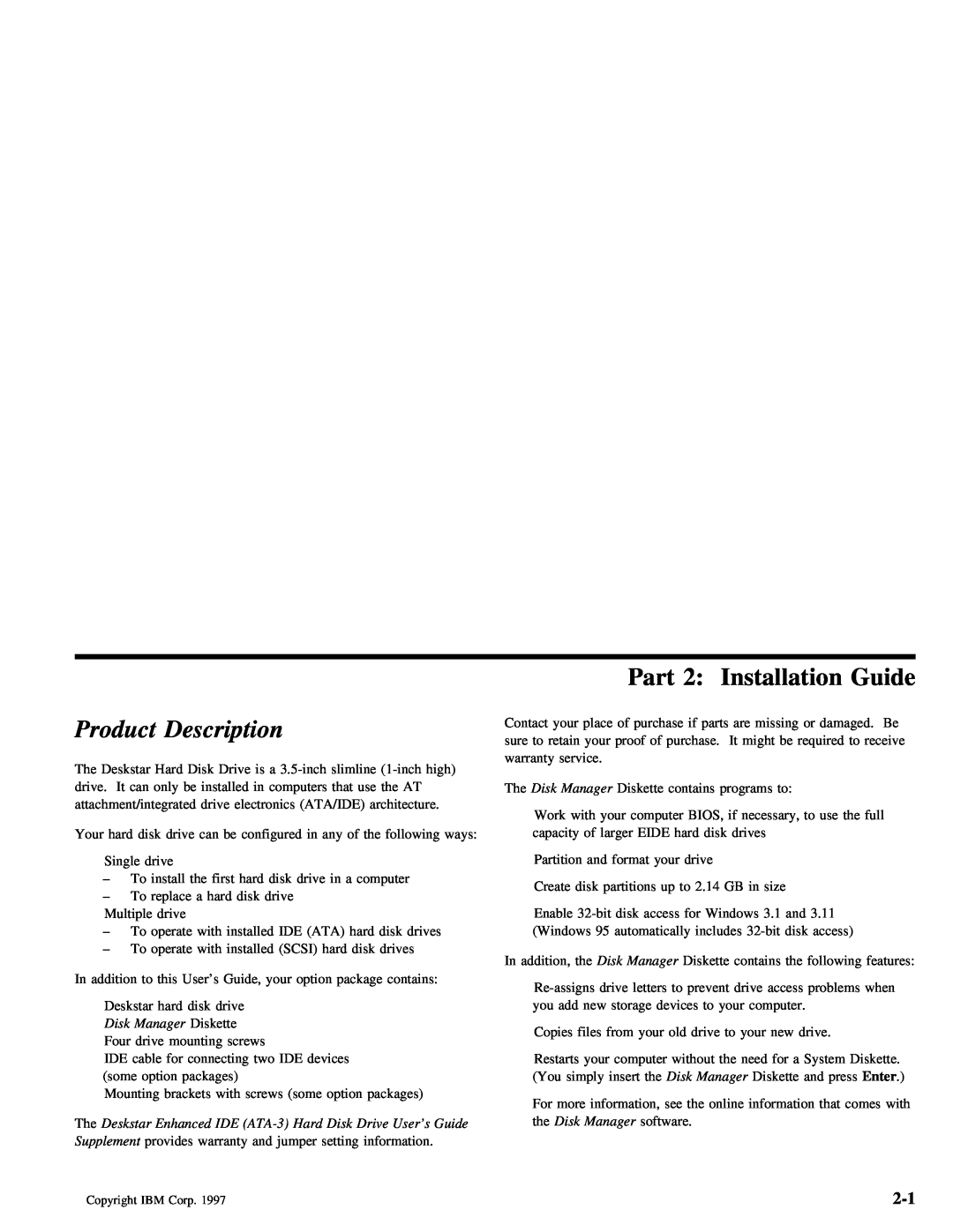 IBM ATA-3 manual Description, Product, Installation, Part, Guide 