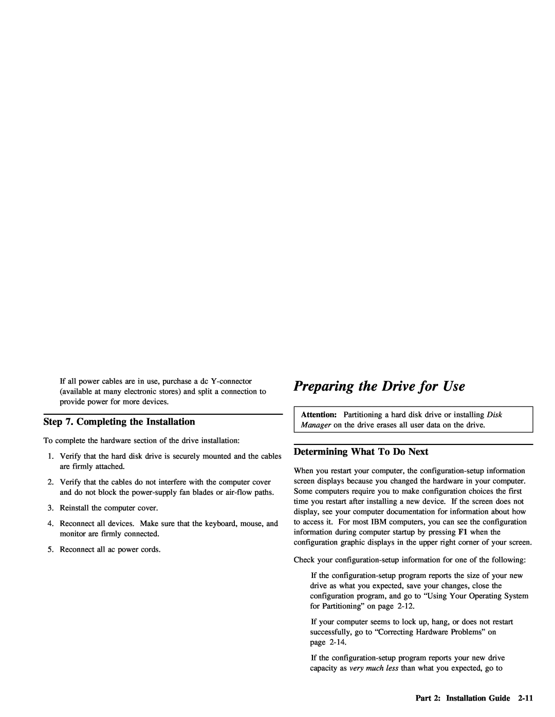 IBM ATA-3 manual Drive, Preparing, Completing the Installation, 2-11, Next 