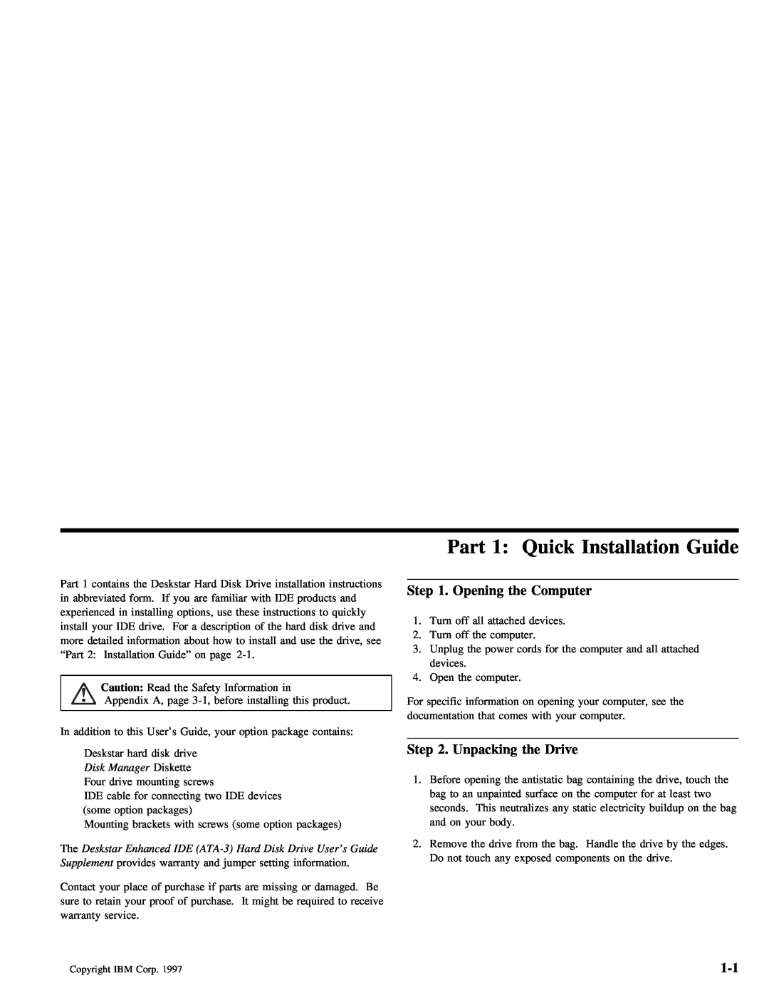 IBM ATA-3 manual Part, Installation, Quick, Guide, Step 