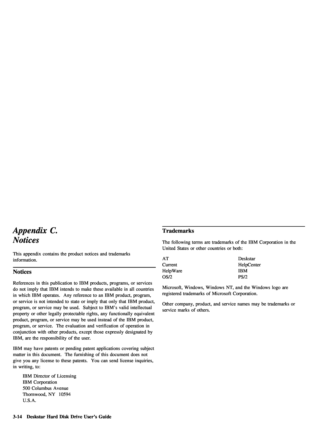 IBM ATA-3 manual Appendix C Notices, Trademarks, Deskstar Hard Disk Drive User’s Guide 