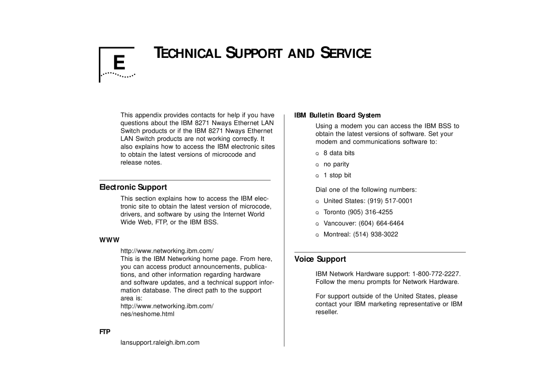 IBM ATM OC-3c manual Technical Support and Service, Electronic Support, Voice Support, IBM Bulletin Board System 