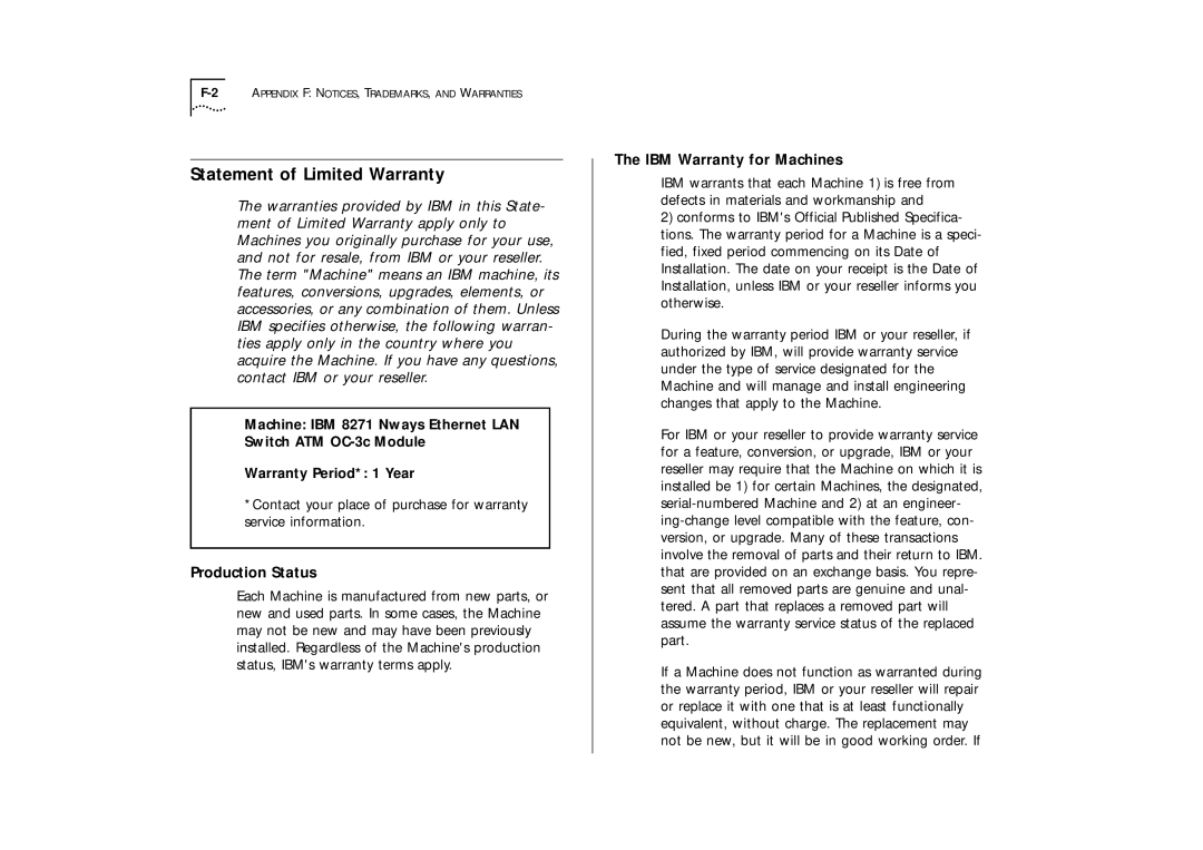 IBM ATM OC-3c manual Statement of Limited Warranty, Production Status, IBM Warranty for Machines 