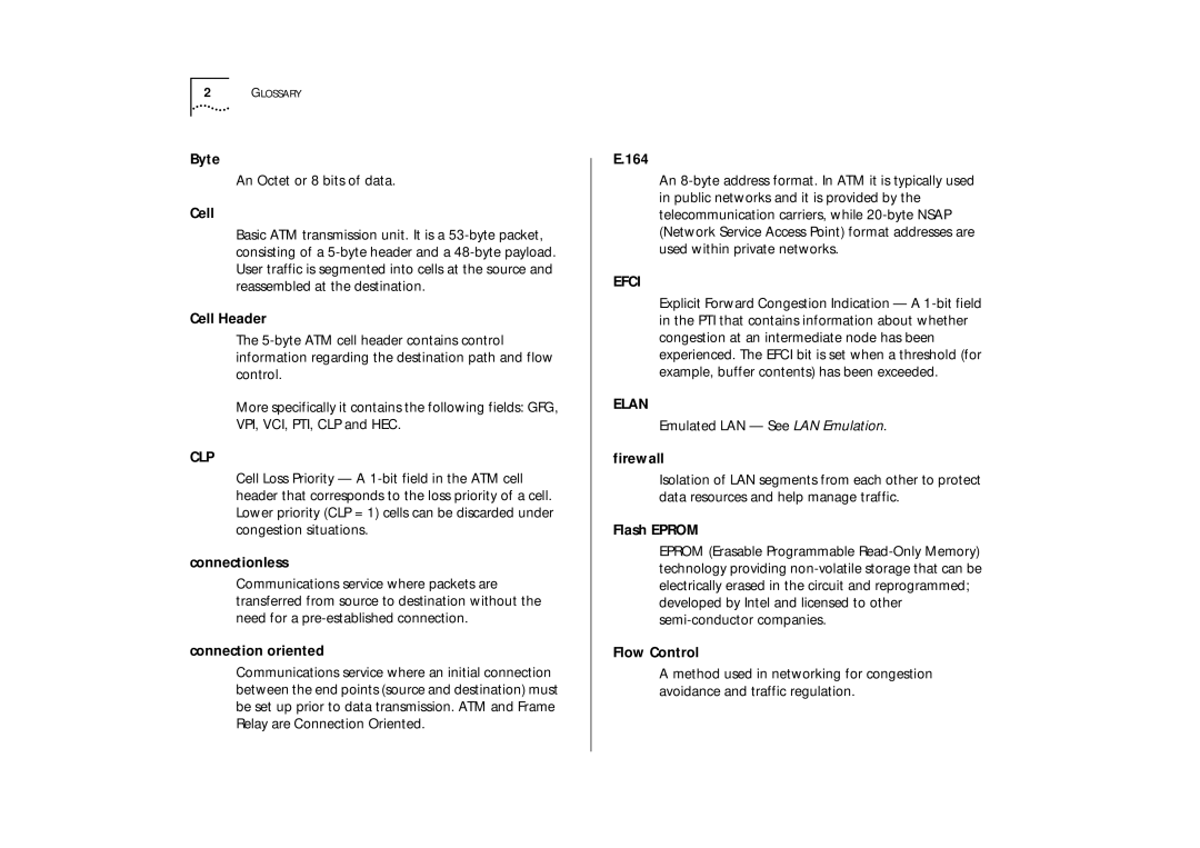 IBM ATM OC-3c manual Byte, Cell Header, Connectionless, Connection oriented, 164, Firewall, Flash Eprom, Flow Control 