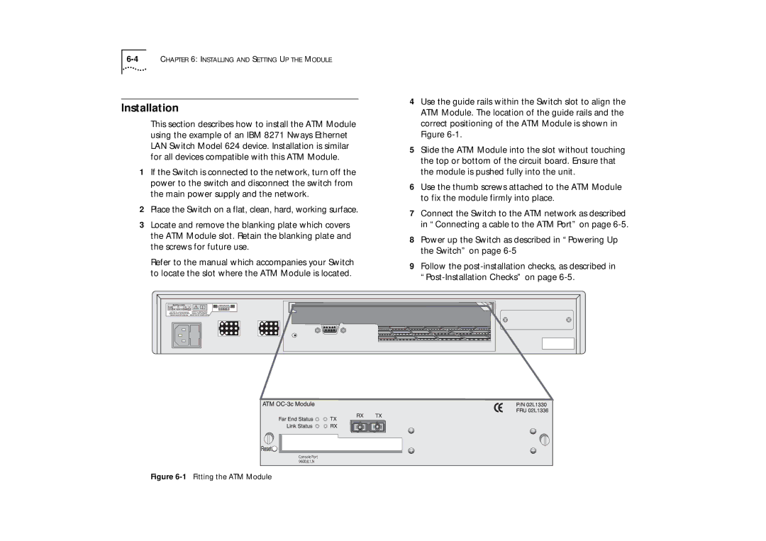 IBM ATM OC-3c manual Installation, 1Fitting the ATM Module 