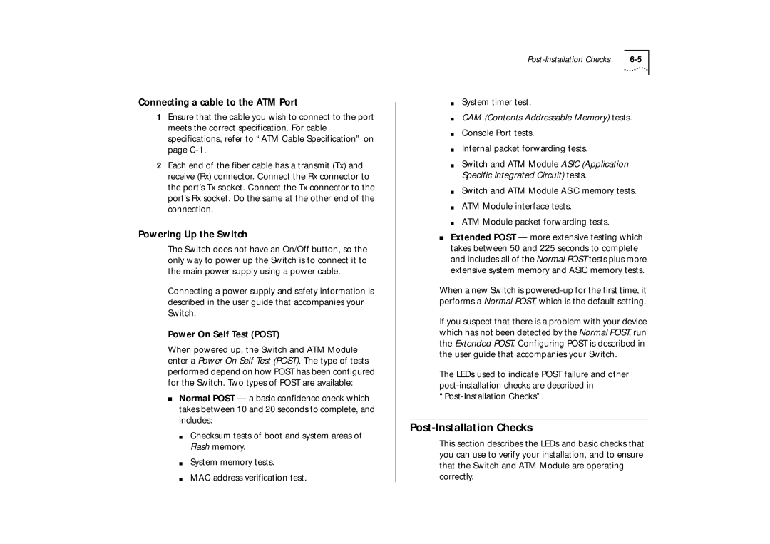 IBM ATM OC-3c manual Post-Installation Checks, Connecting a cable to the ATM Port, Powering Up the Switch 