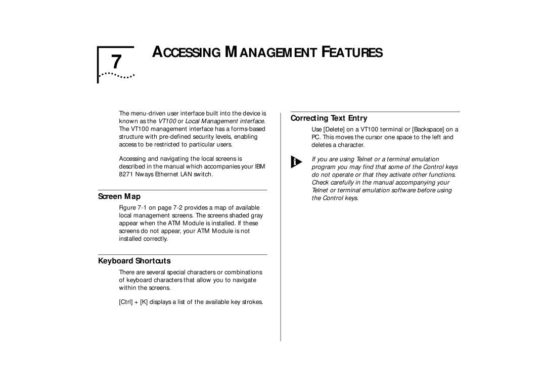 IBM ATM OC-3c manual Accessing Management Features, Screen Map, Keyboard Shortcuts, Correcting Text Entry 