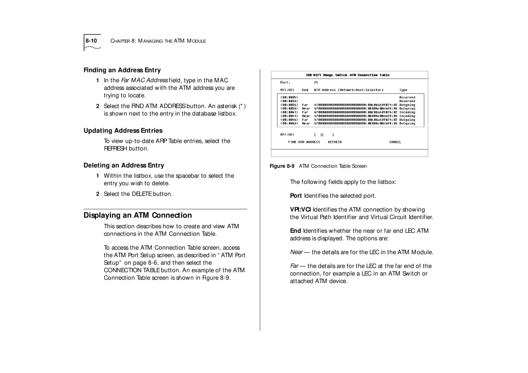 IBM ATM OC-3c Displaying an ATM Connection, Finding an Address Entry, Updating Address Entries, Deleting an Address Entry 