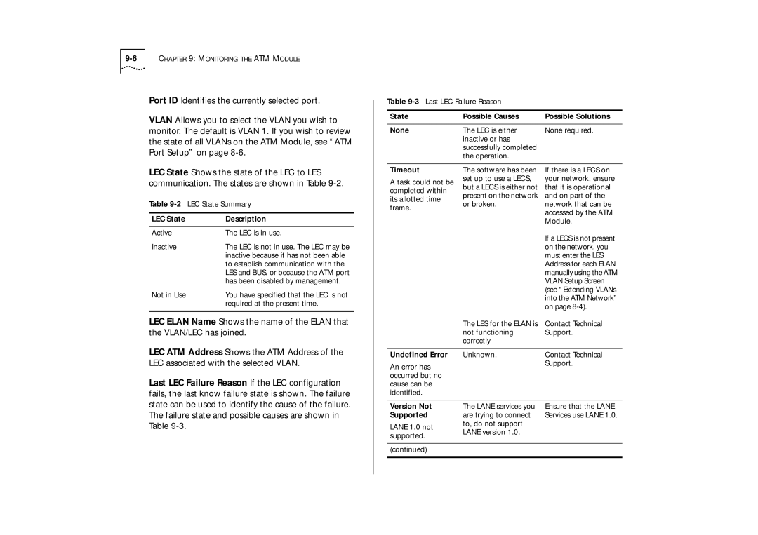 IBM ATM OC-3c State Possible Causes Possible Solutions None, LEC State Description, Timeout, Undefined Error, Version Not 