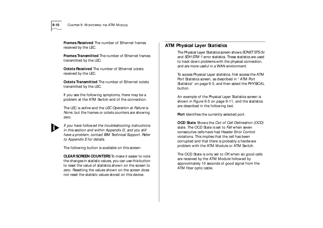 IBM ATM OC-3c manual ATM Physical Layer Statistics, Following button is available on this screen 