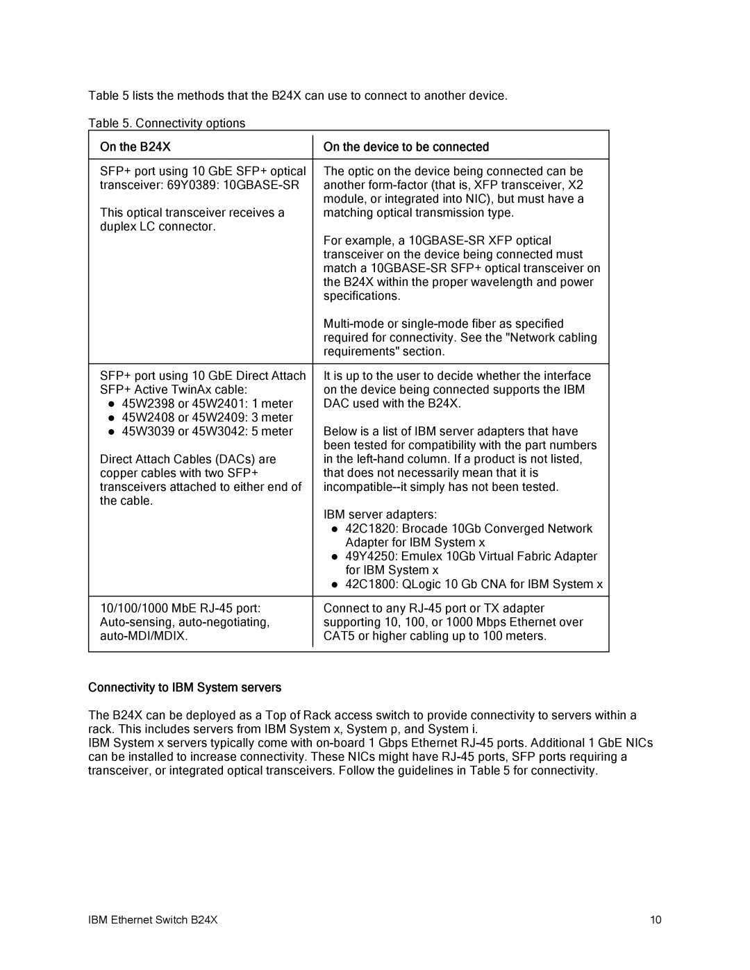 IBM manual On the B24X On the device to be connected, Connectivity to IBM System servers 