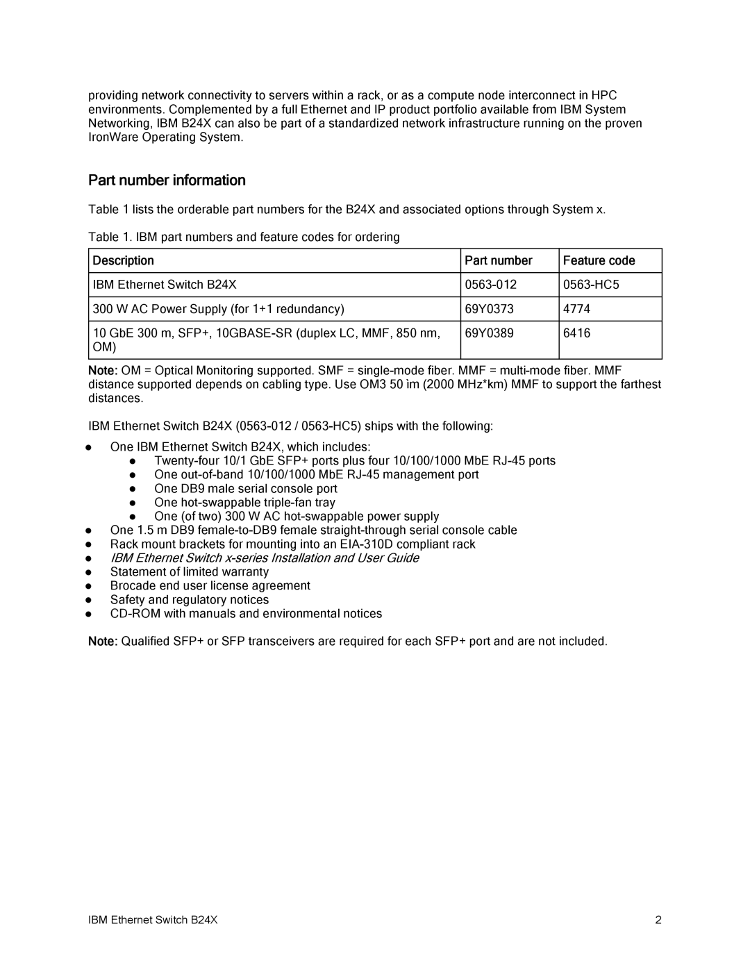 IBM B24X manual Part number information, Description Part number Feature code 