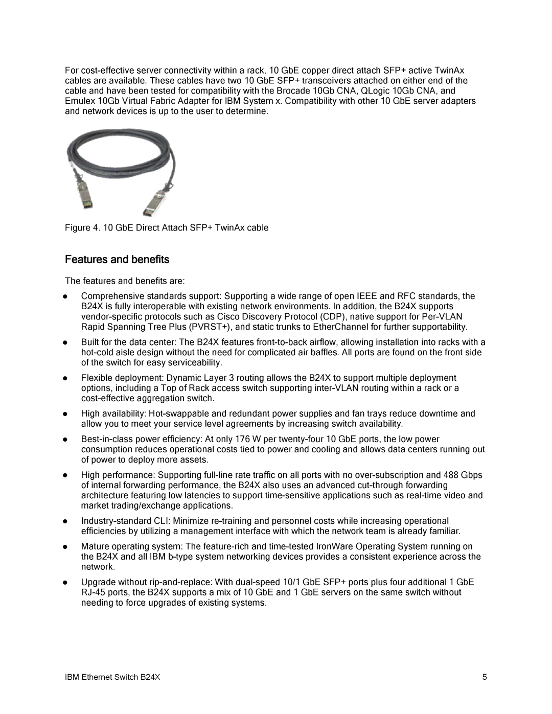 IBM B24X manual Features and benefits, GbE Direct Attach SFP+ TwinAx cable 