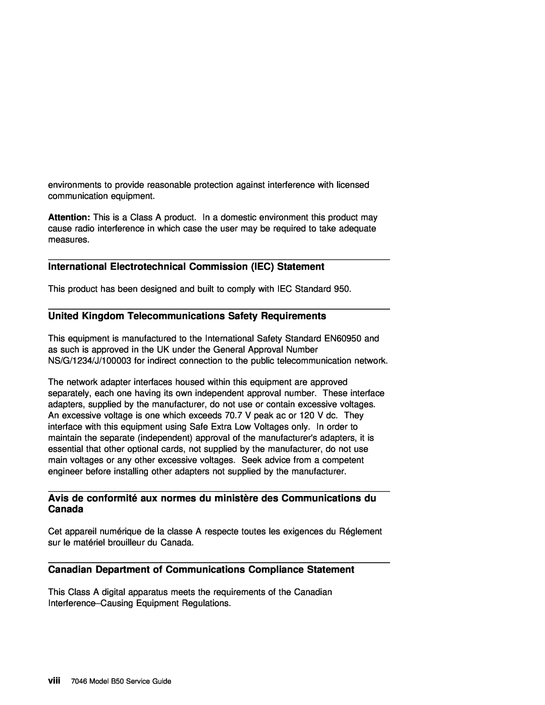 IBM B50 International Electrotechnical Commission IEC Statement, United Kingdom Telecommunications Safety Requirements 