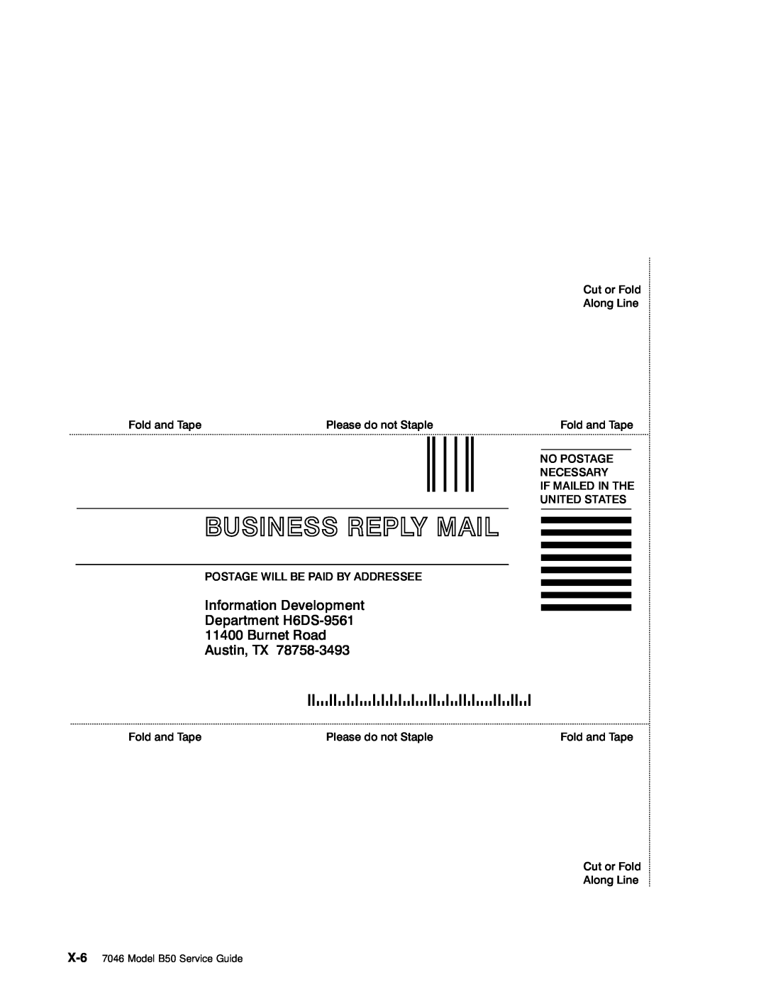 IBM B50 Business Reply Mail, Information Development Department H6DS-9561 11400 Burnet Road, Austin, TX, Fold and Tape 