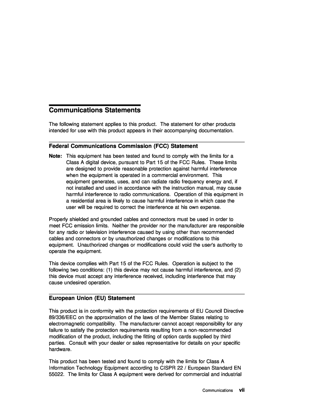 IBM B50 manual Communications Statements, Federal Communications Commission FCC Statement, European Union EU Statement 