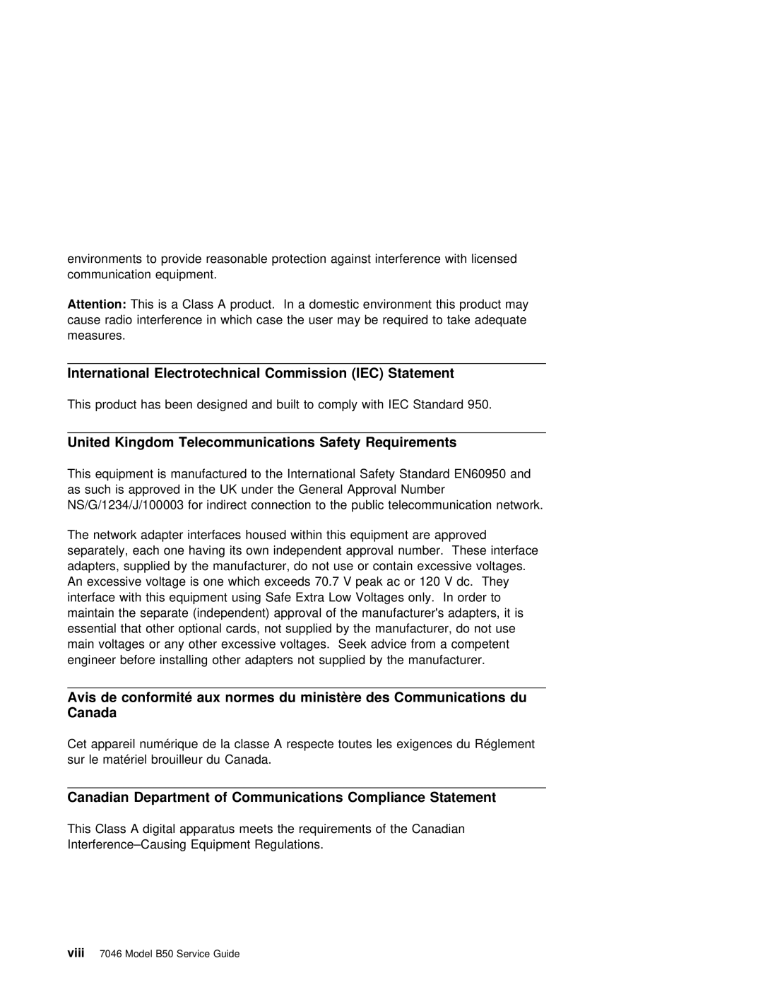 IBM B50 International Electrotechnical Commission IEC Statement, United Kingdom Telecommunications Safety Requirements 