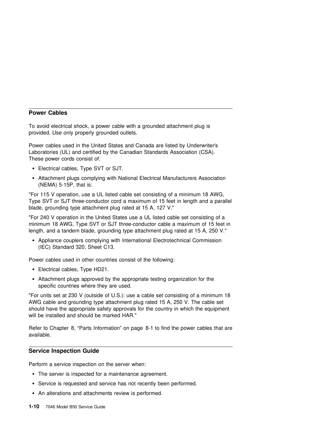 IBM B50 manual Power Cables, Service Inspection Guide 