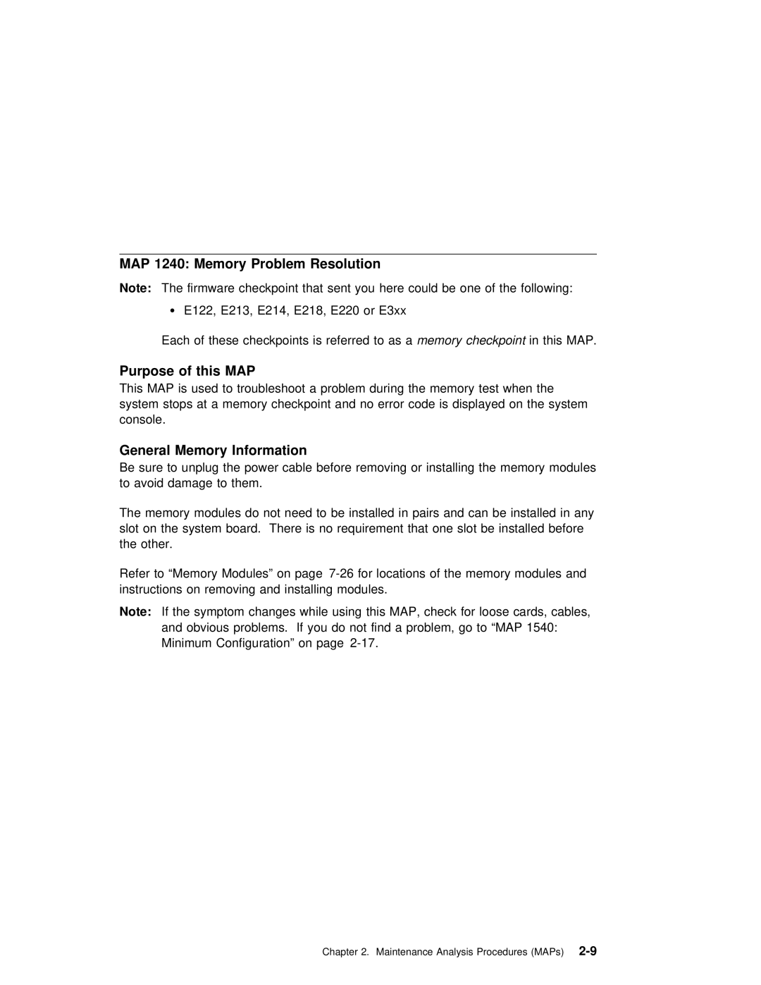 IBM B50 manual MAP 1240 Memory Problem Resolution, General Memory Information 