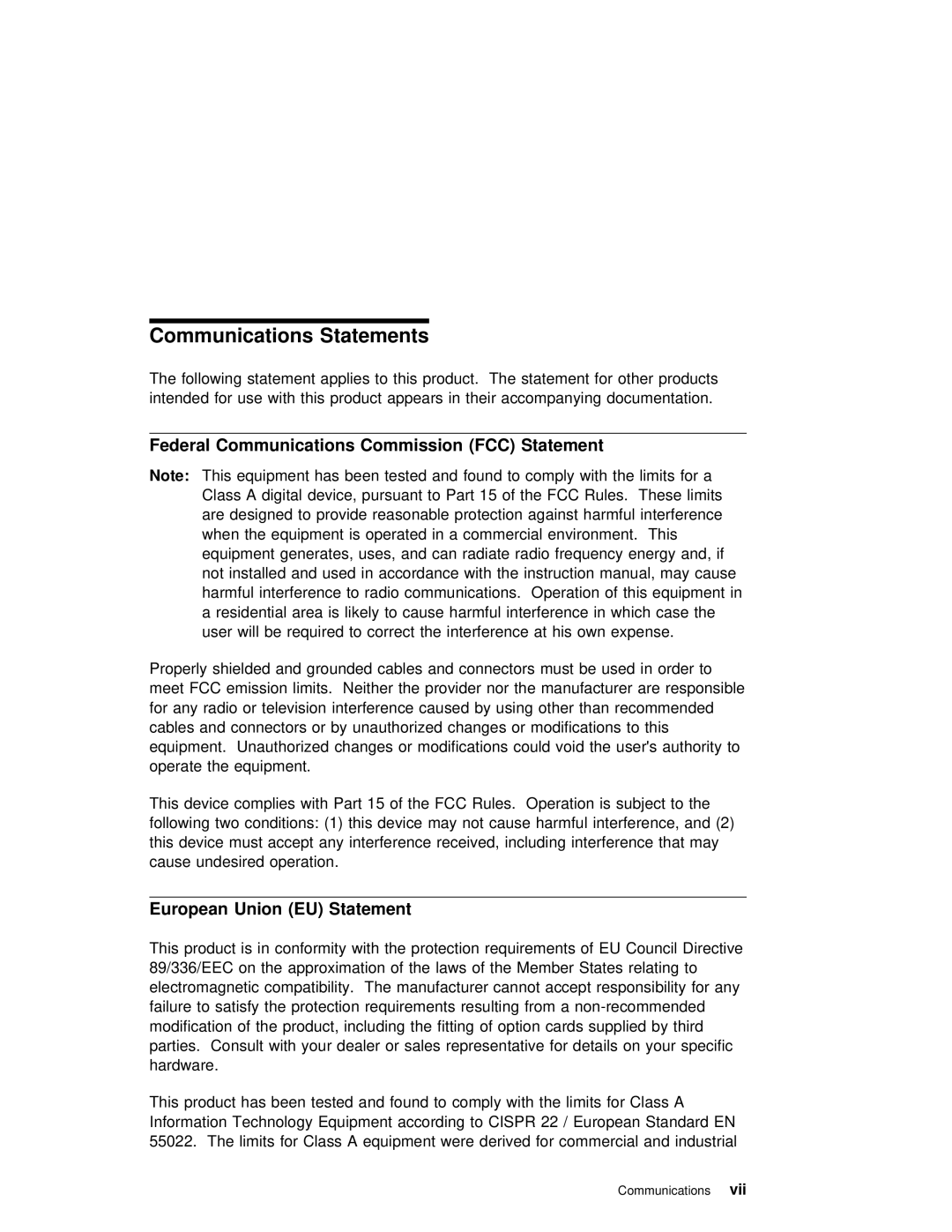 IBM B50 manual Communications Statements, Federal Communications Commission FCC Statement, European Union EU Statement 