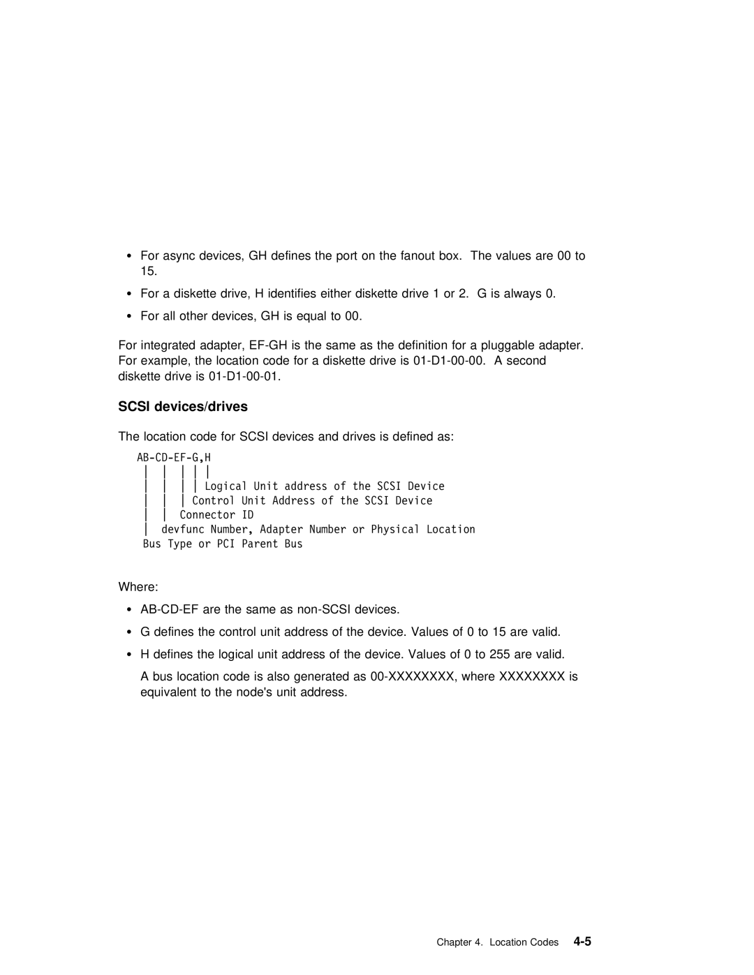 IBM B50 manual Scsi devices/drives, Location code for Scsi devices and drives is defined as 