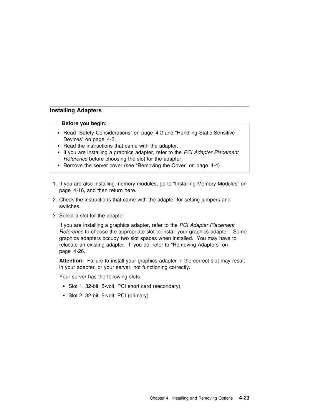 IBM B50 manual Installing Adapters, Before you begin 