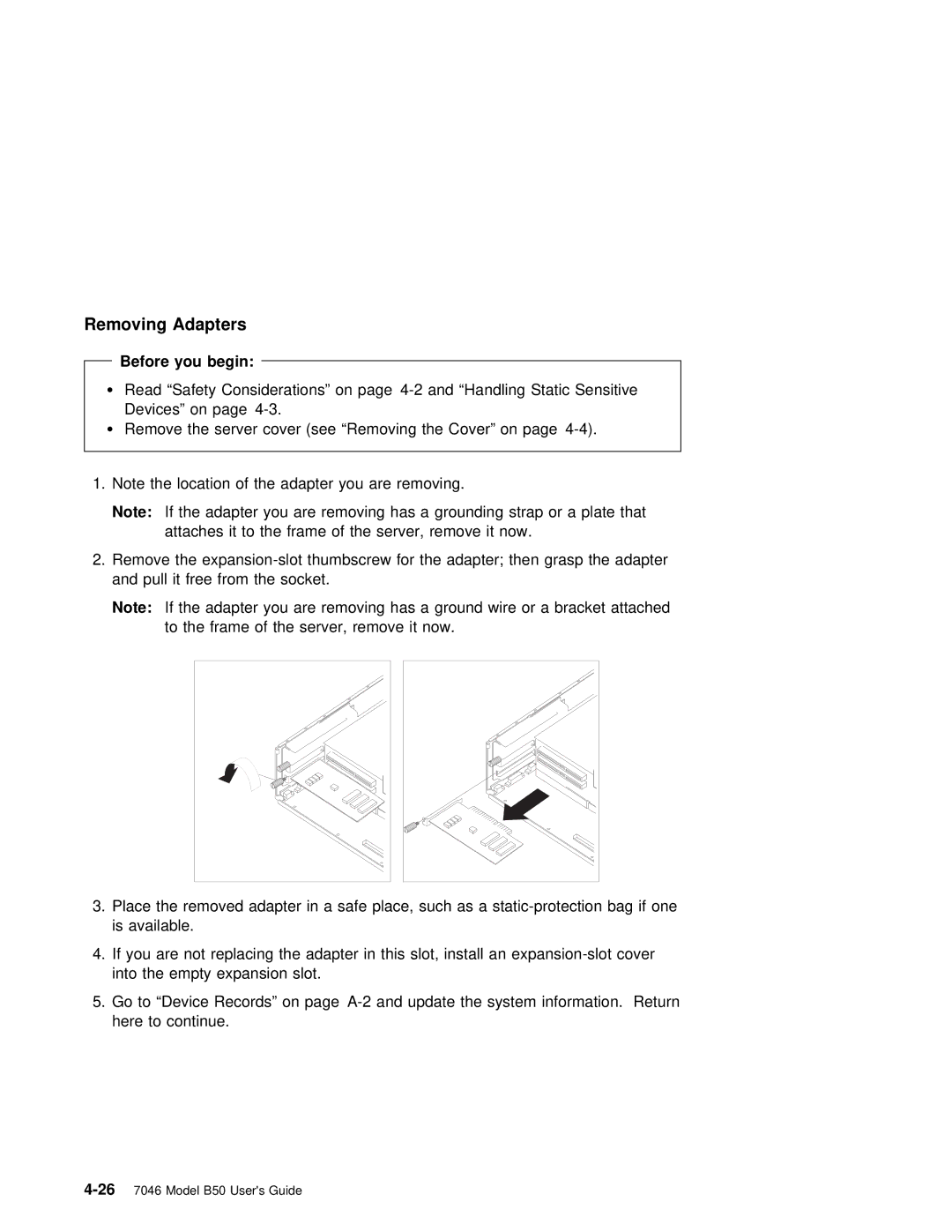 IBM B50 manual Removing Adapters, Before you begin 