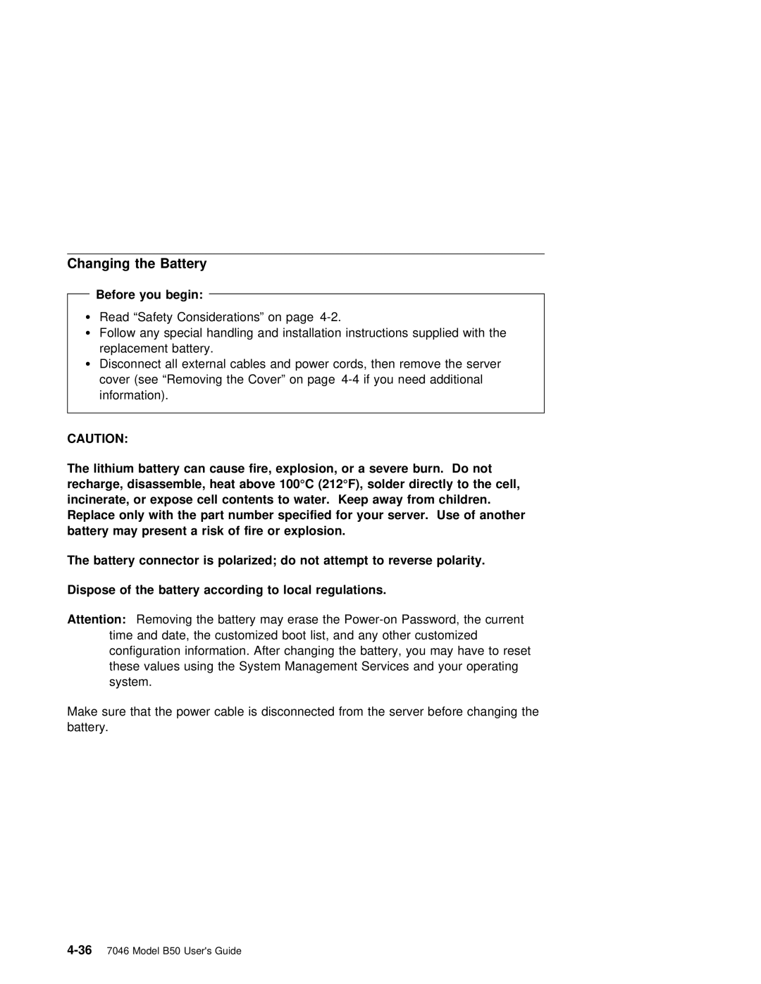 IBM B50 manual Changing the Battery 