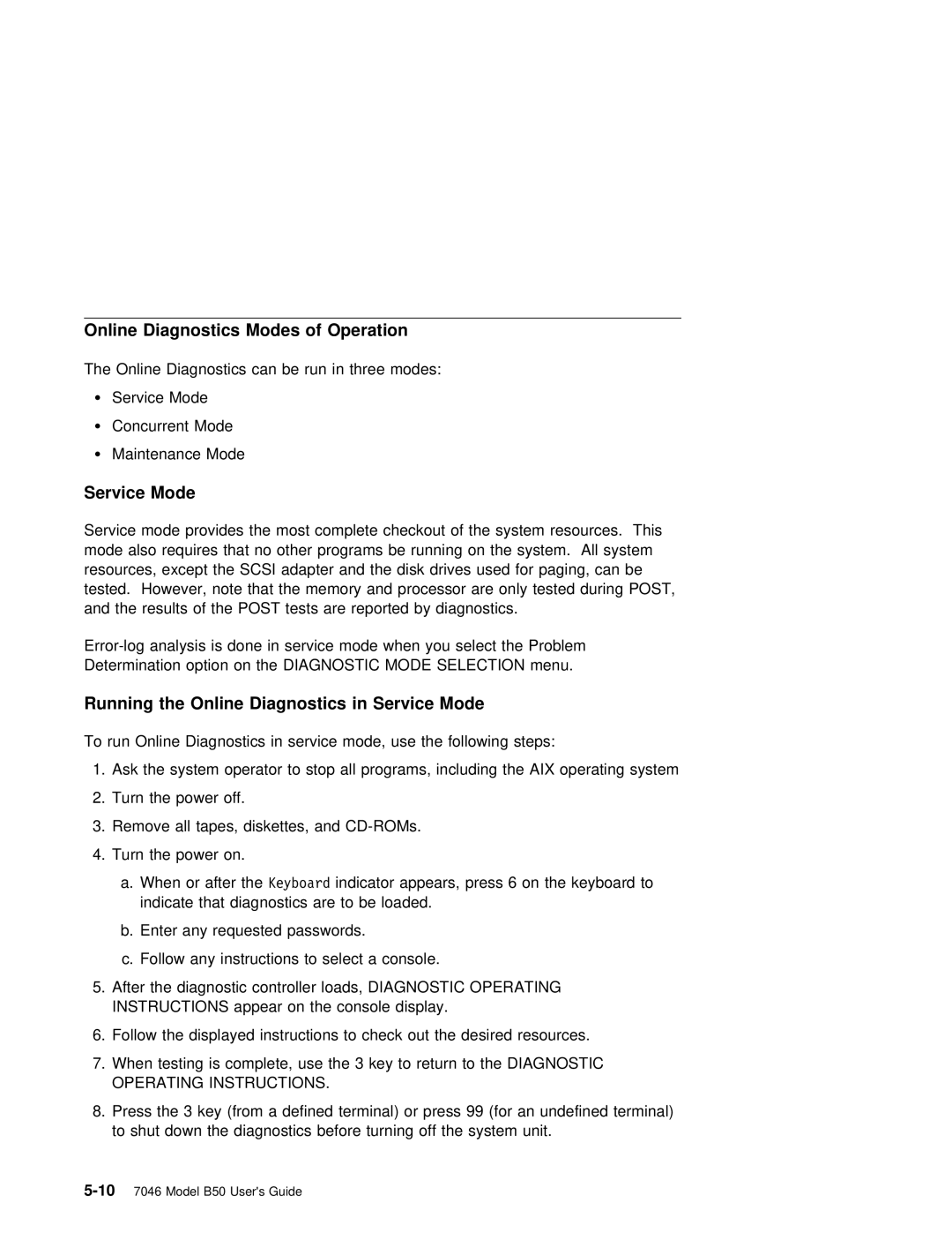 IBM B50 manual Online Diagnostics Modes of Operation, Running the Online Diagnostics in Service Mode 