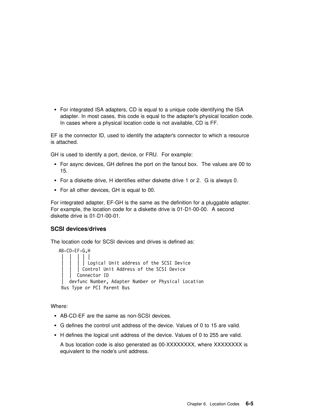 IBM B50 manual Scsi devices/drives, Location code for Scsi devices and drives is defined as 