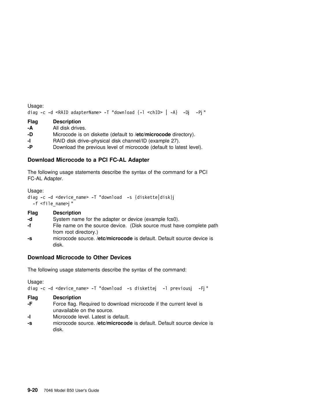 IBM B50 manual Download Microcode to Other Devices, Flag Description, PCI FC-AL Adapter, Source/etc/microcode 