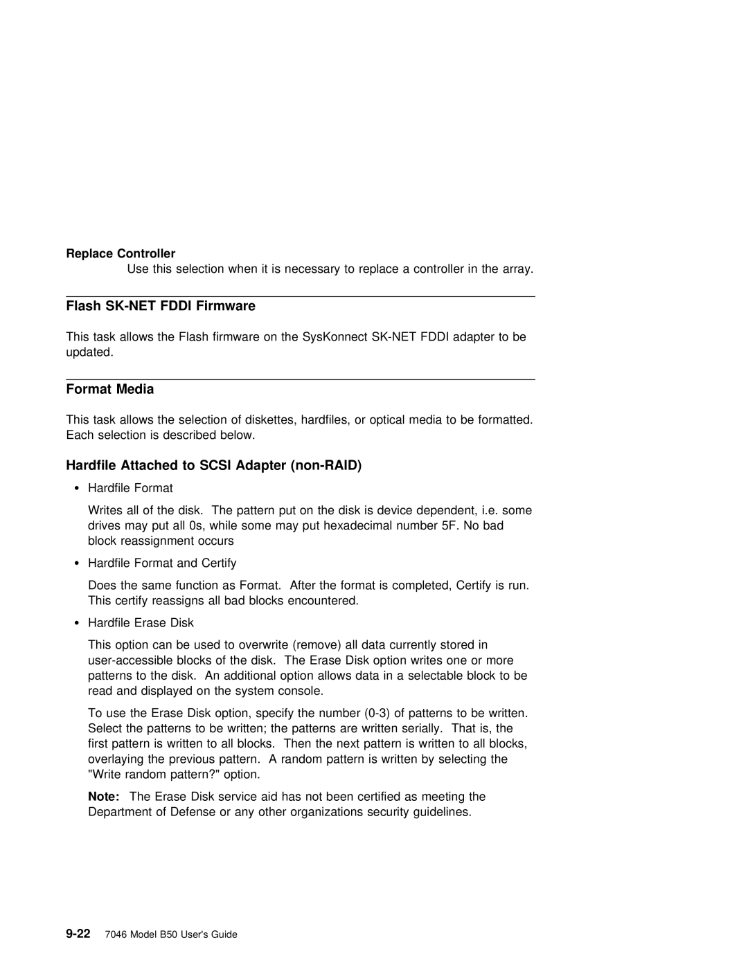 IBM B50 manual Flash SK-NET Fddi Firmware, Format Media, Hardfile Attached to Scsi Adapter non-RAID, Replace Controller 