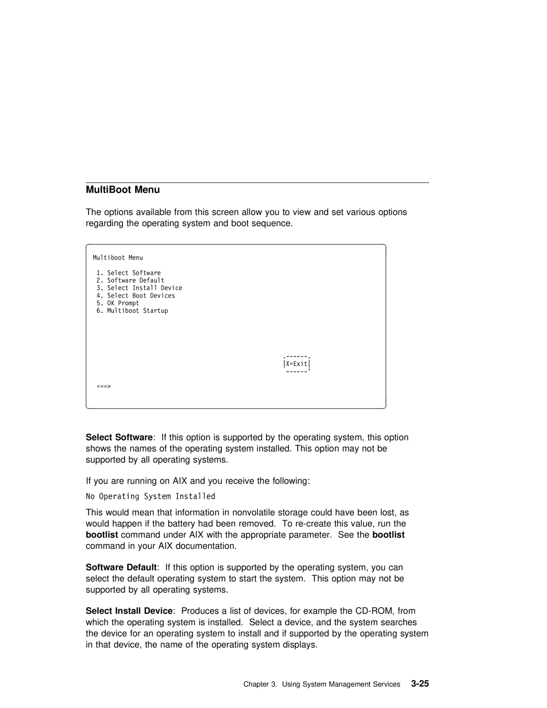 IBM B50 manual MultiBoot Menu, Select, Bootlist, Install 