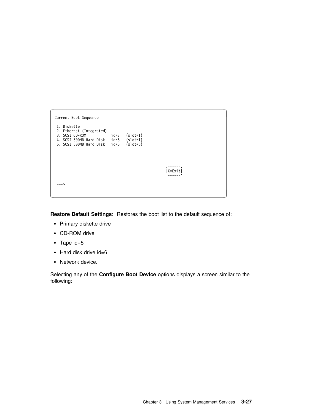 IBM B50 manual Settings, Using System Management Services3-27 