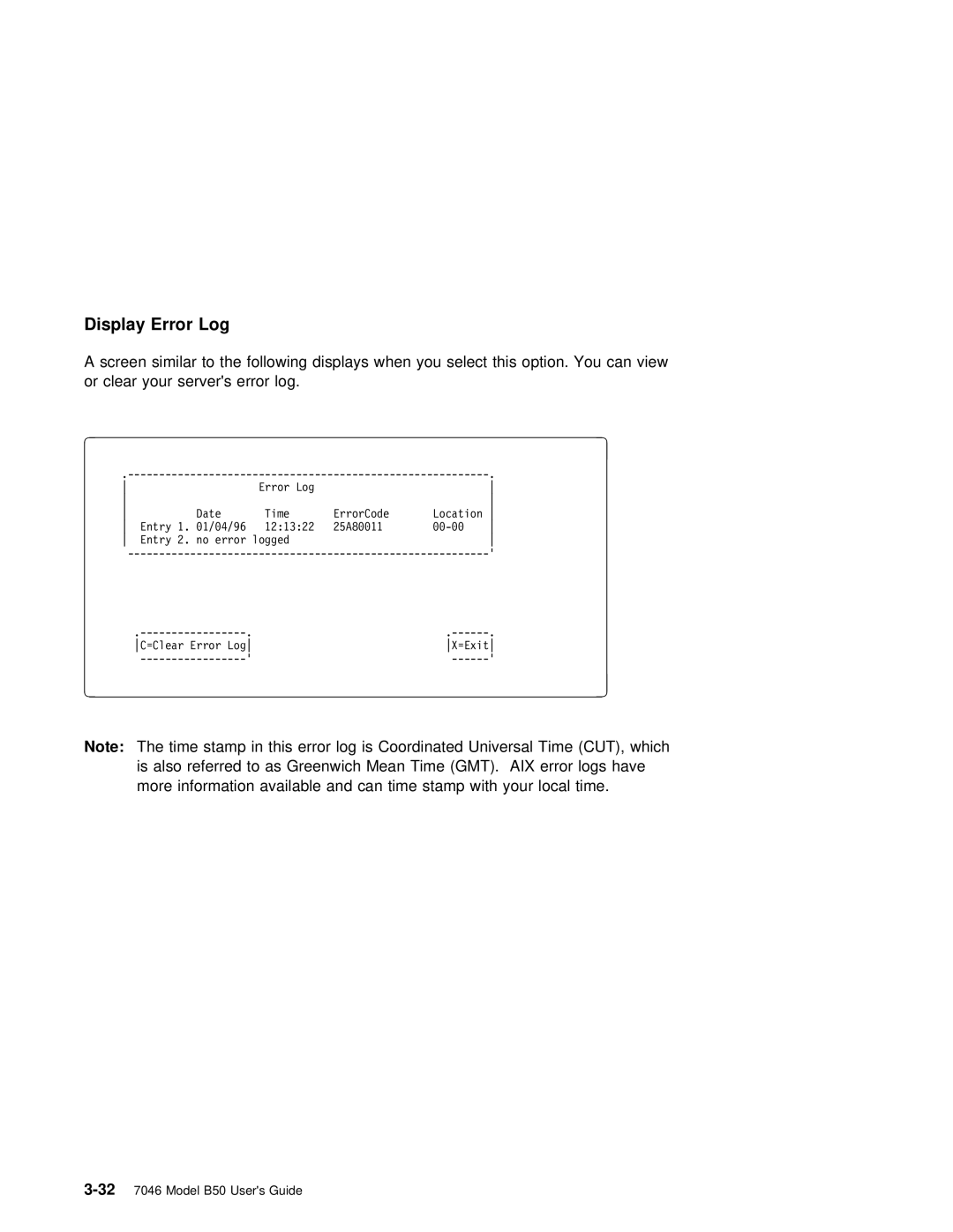 IBM B50 manual Log, Display Error, Gmt. Aix 