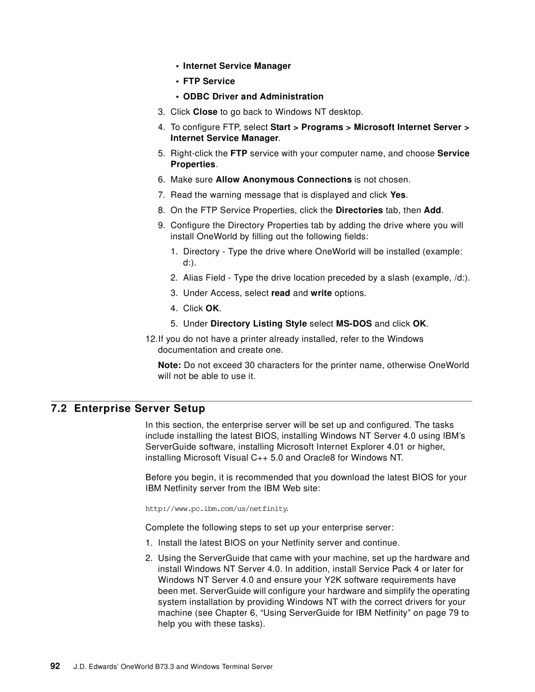 IBM B73.3 manual Enterprise Server Setup, Make sure Allow Anonymous Connections is not chosen 