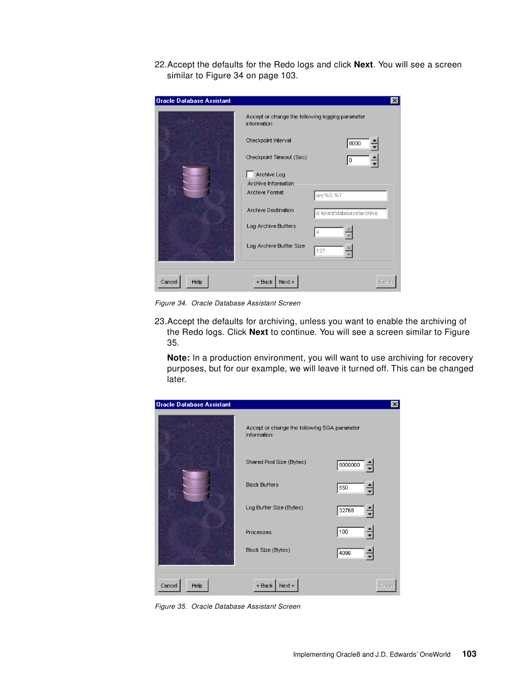 IBM B73.3 manual Oracle Database Assistant Screen 