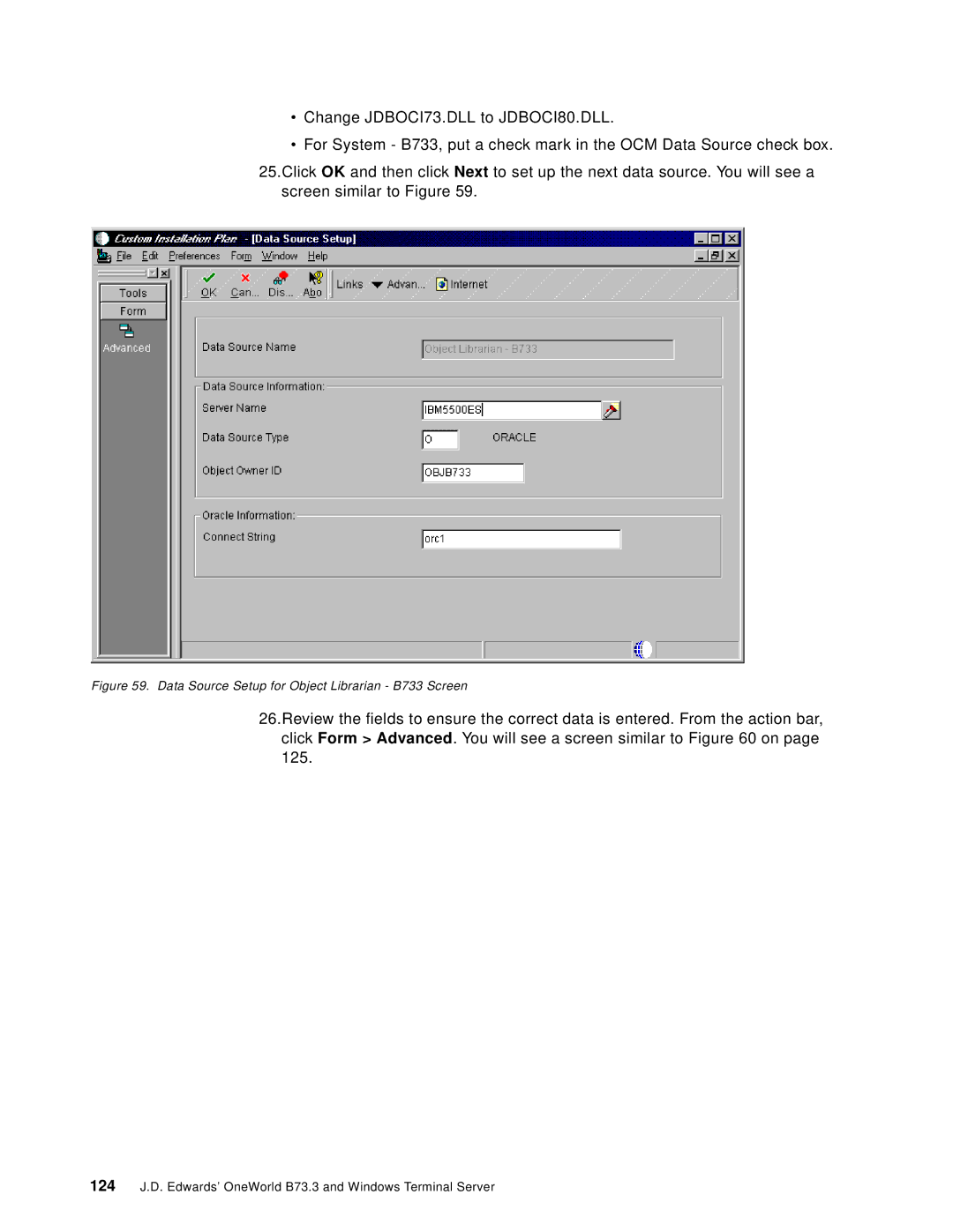 IBM B73.3 manual Data Source Setup for Object Librarian B733 Screen 