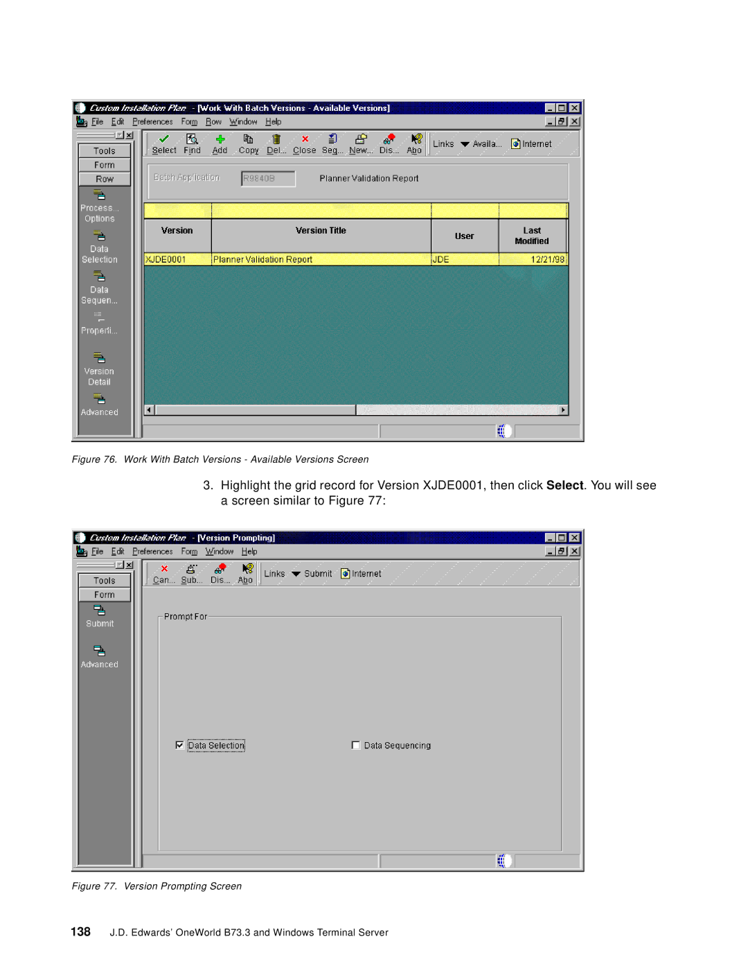 IBM B73.3 manual Work With Batch Versions Available Versions Screen 