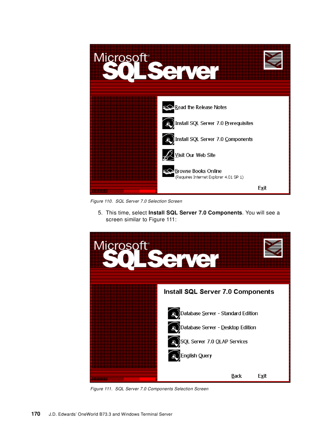 IBM B73.3 manual SQL Server 7.0 Components Selection Screen 