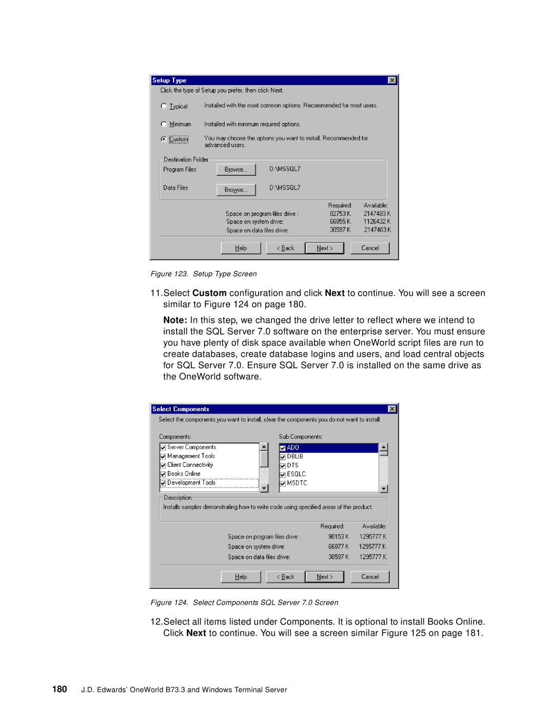 IBM B73.3 manual Select Components SQL Server 7.0 Screen 