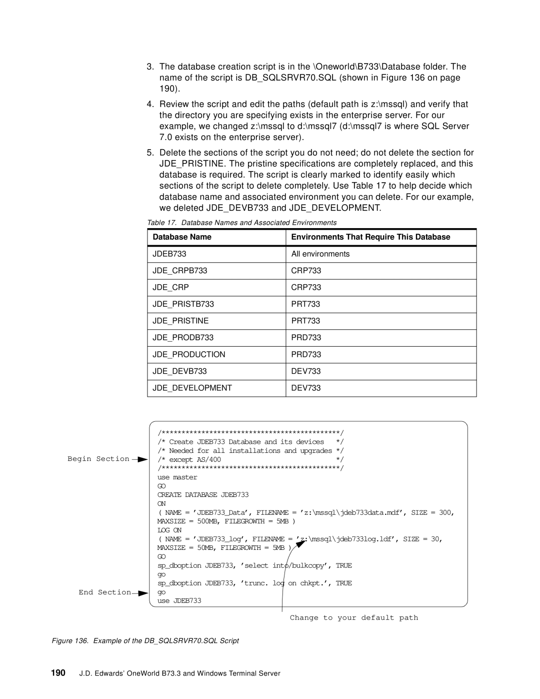 IBM B73.3 manual Database Name Environments That Require This Database, Begin Section End Section 