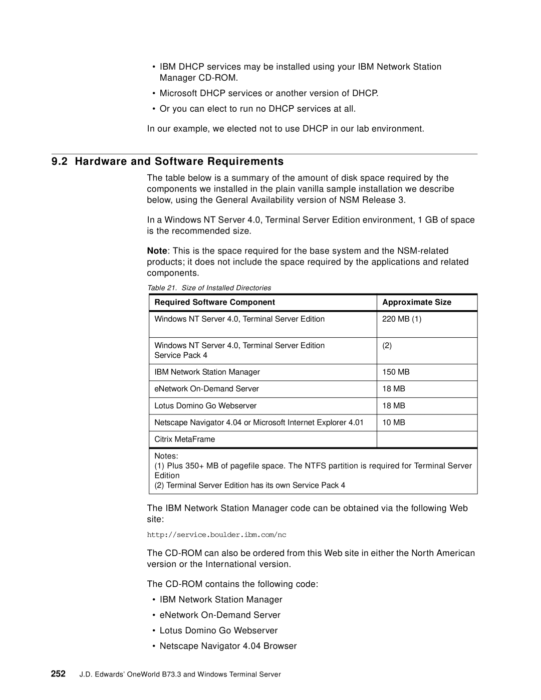 IBM B73.3 manual Hardware and Software Requirements, Required Software Component Approximate Size 