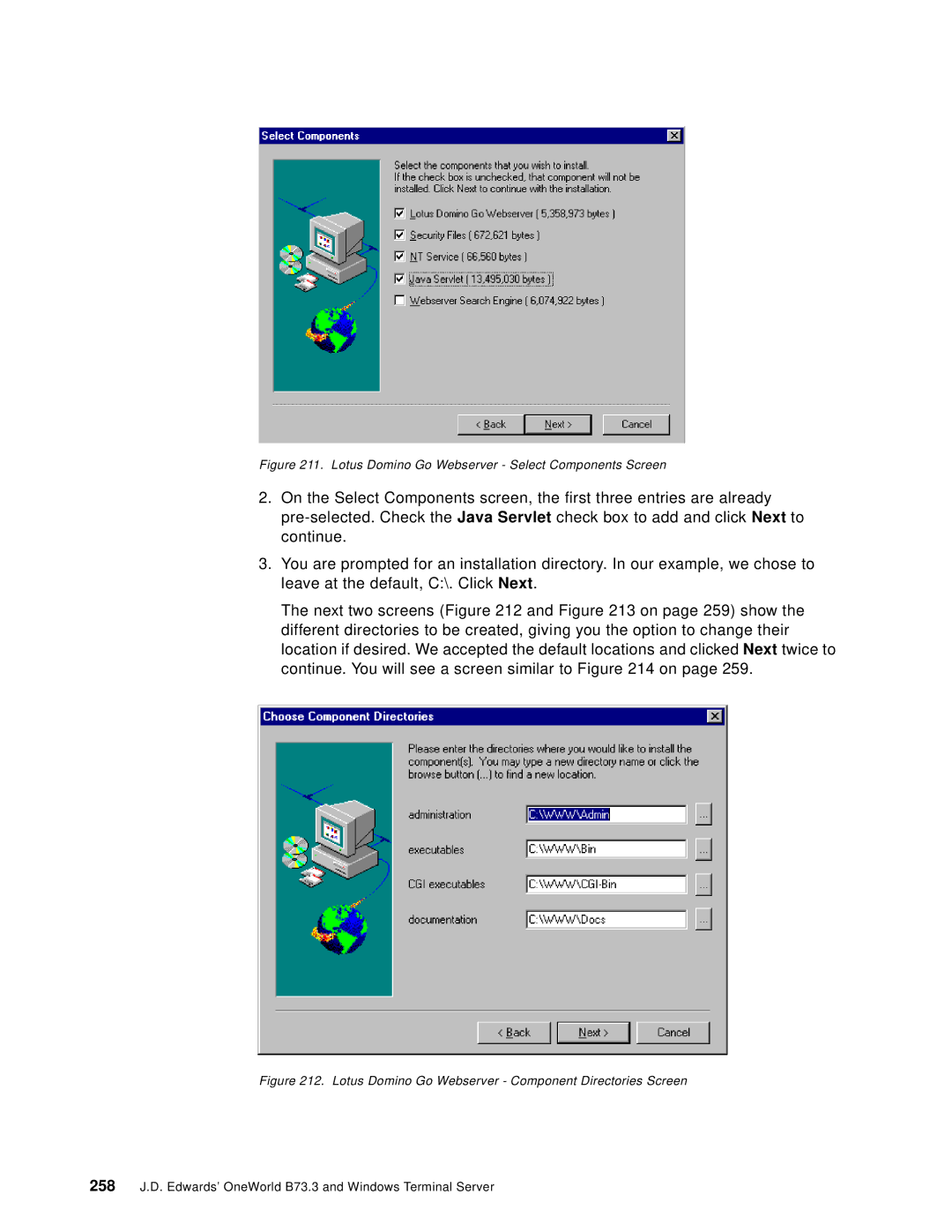 IBM B73.3 manual Lotus Domino Go Webserver Select Components Screen 