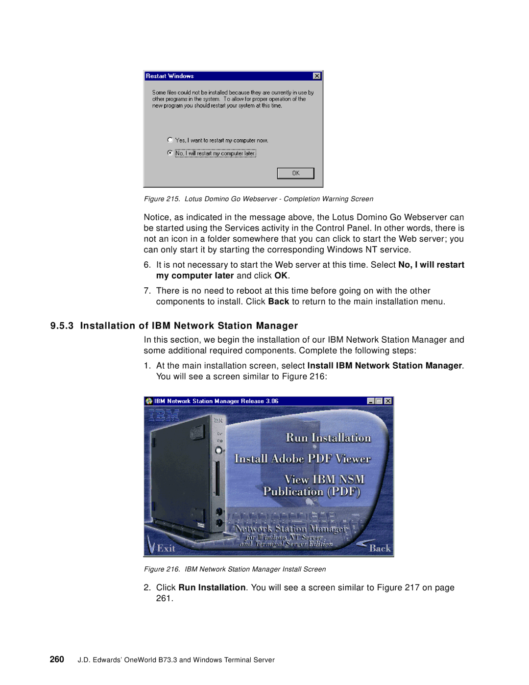 IBM B73.3 manual Installation of IBM Network Station Manager, Lotus Domino Go Webserver Completion Warning Screen 