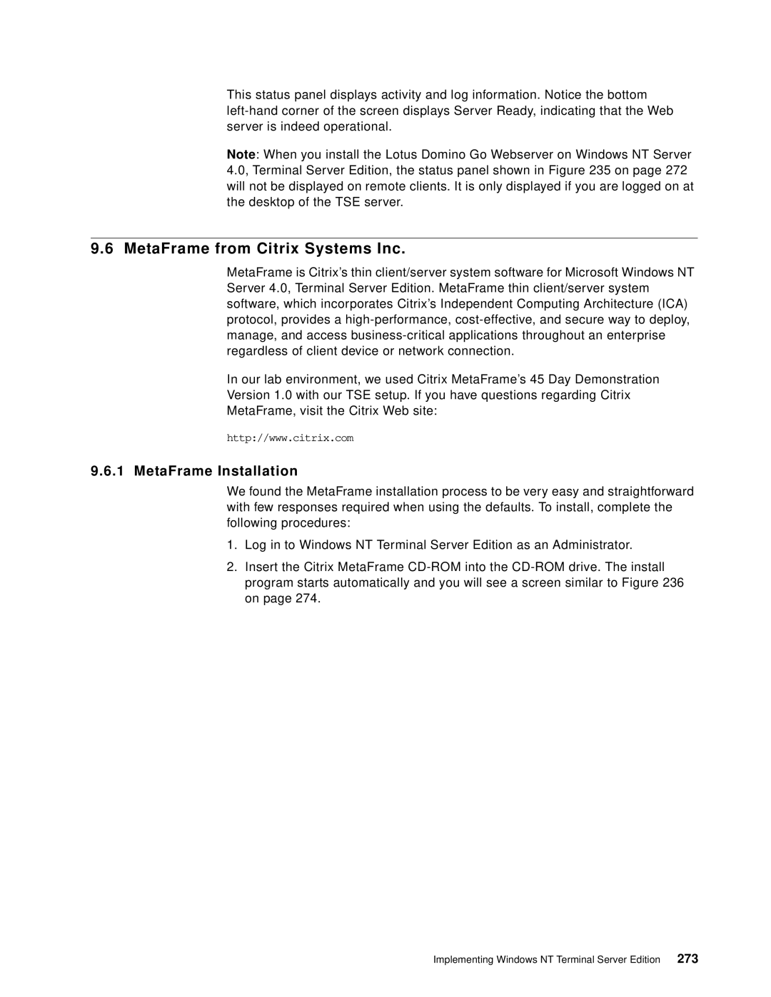 IBM B73.3 manual MetaFrame from Citrix Systems Inc, MetaFrame Installation 