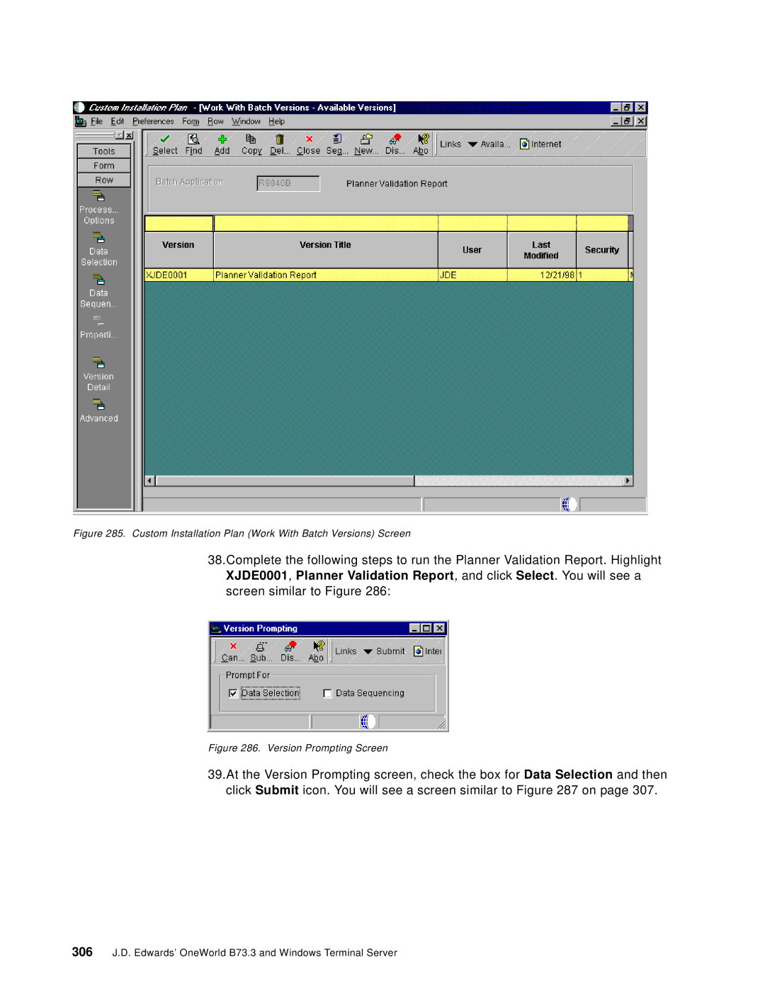 IBM B73.3 manual Custom Installation Plan Work With Batch Versions Screen 