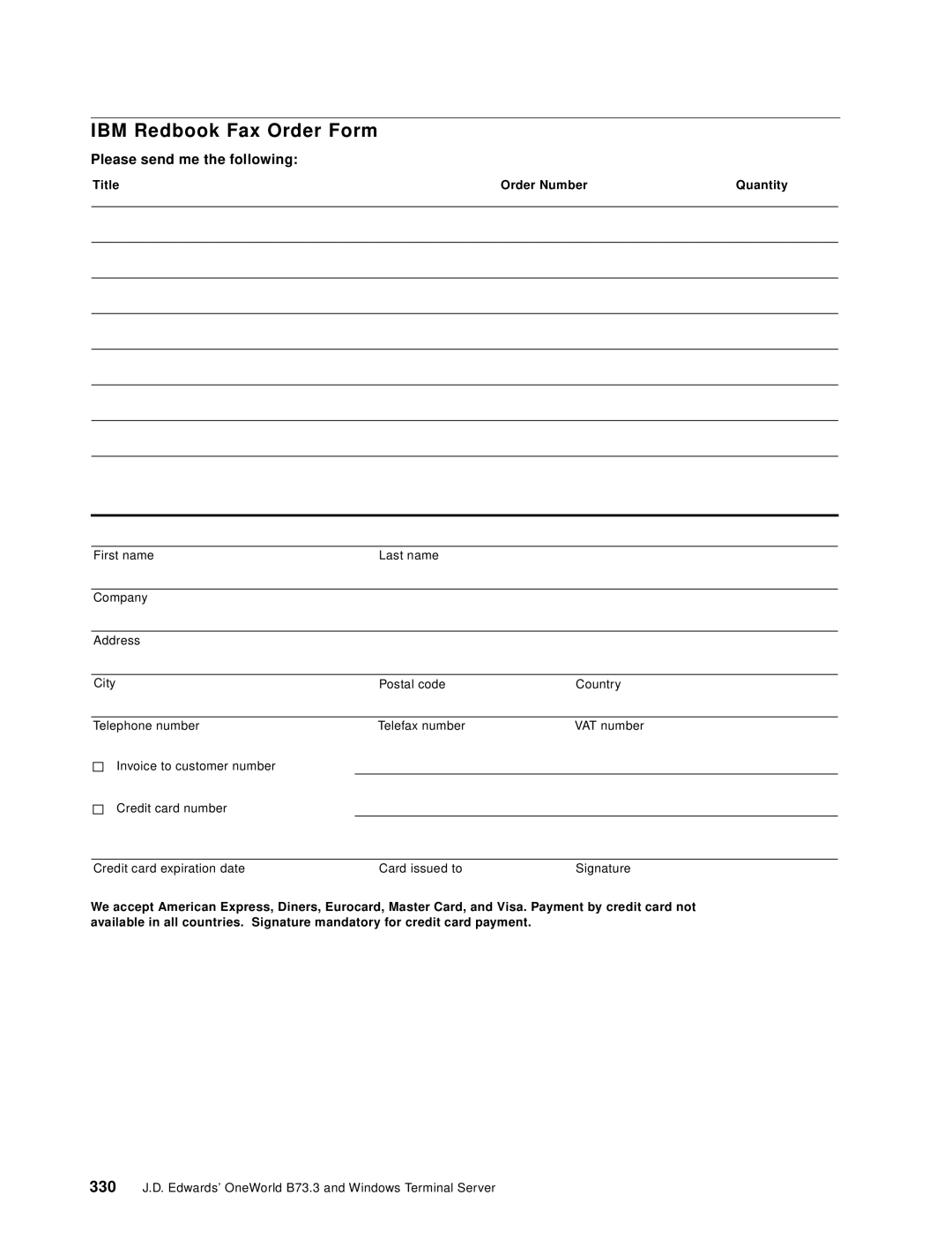 IBM B73.3 manual IBM Redbook Fax Order Form, Please send me the following 