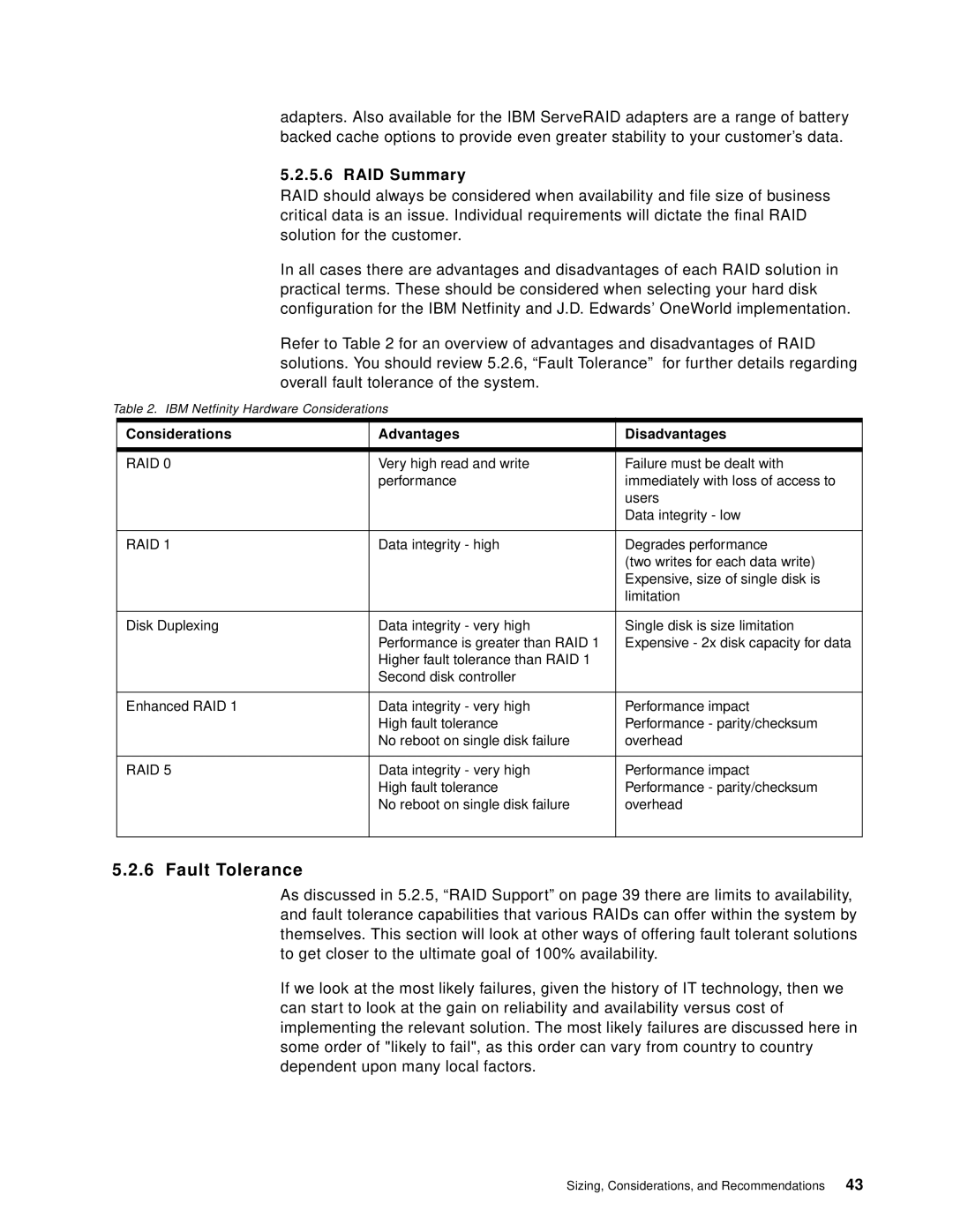 IBM B73.3 manual Fault Tolerance, RAID Summary, Considerations Advantages Disadvantages 