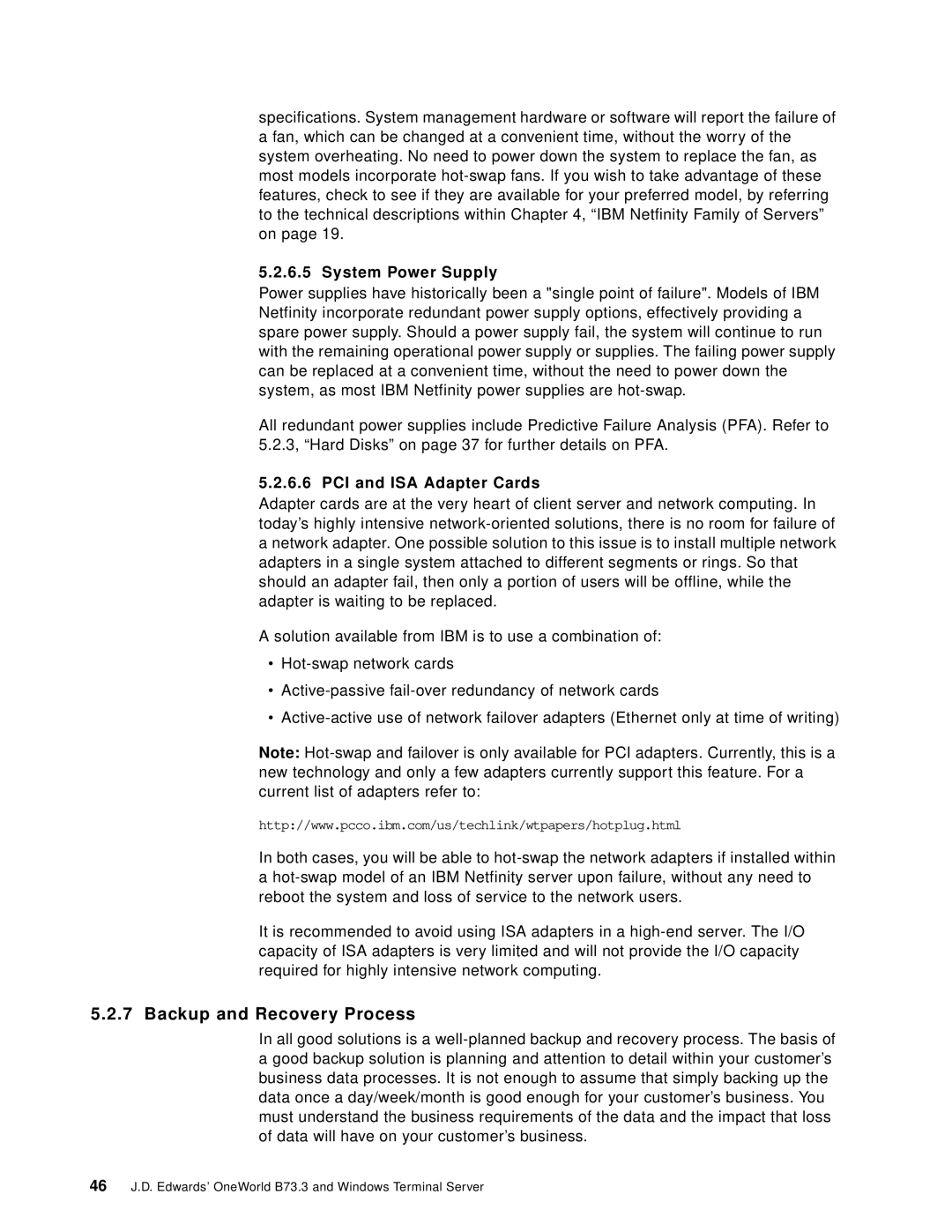 IBM B73.3 manual Backup and Recovery Process, System Power Supply, PCI and ISA Adapter Cards 